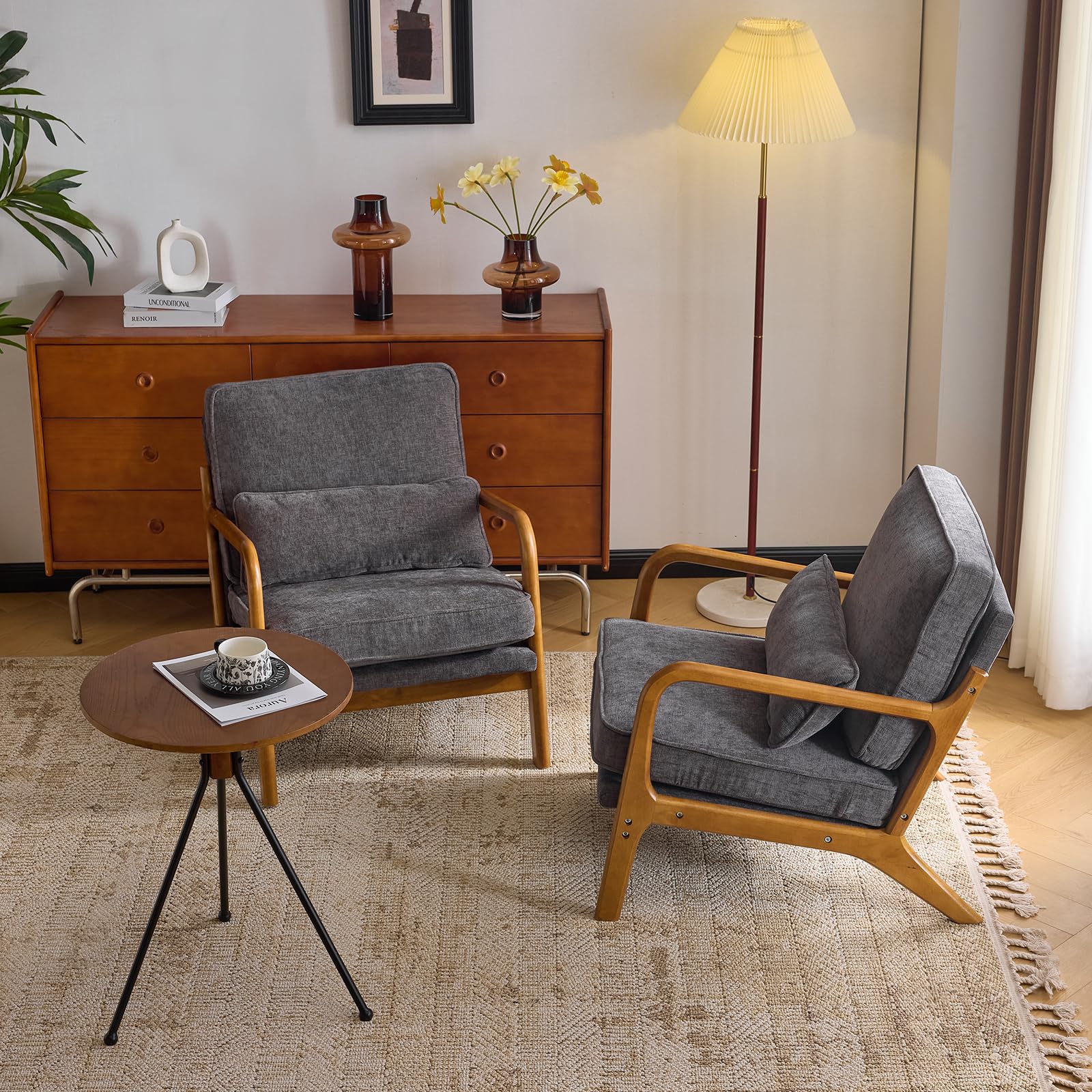Bonnlo Accent Chair, Soild Wood Padding Lounge Armchairs Set of 2, Occasional Reading Chair with Cushions and Lumbar Pillow, Armchairs for Living Room, Bedroom, Guest Room, Chenille, Dark Grey