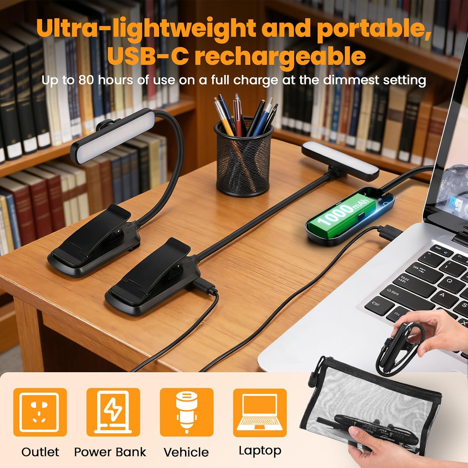 4 Pack Rechargeable Book Light 3 Color Temperatures & 5 Brightness Levels Portable Clip-on LED Reading Light 80 Hrs Runtime Flexible Goose Neck Clip on Light for Night Use,Perfect for Book Lovers