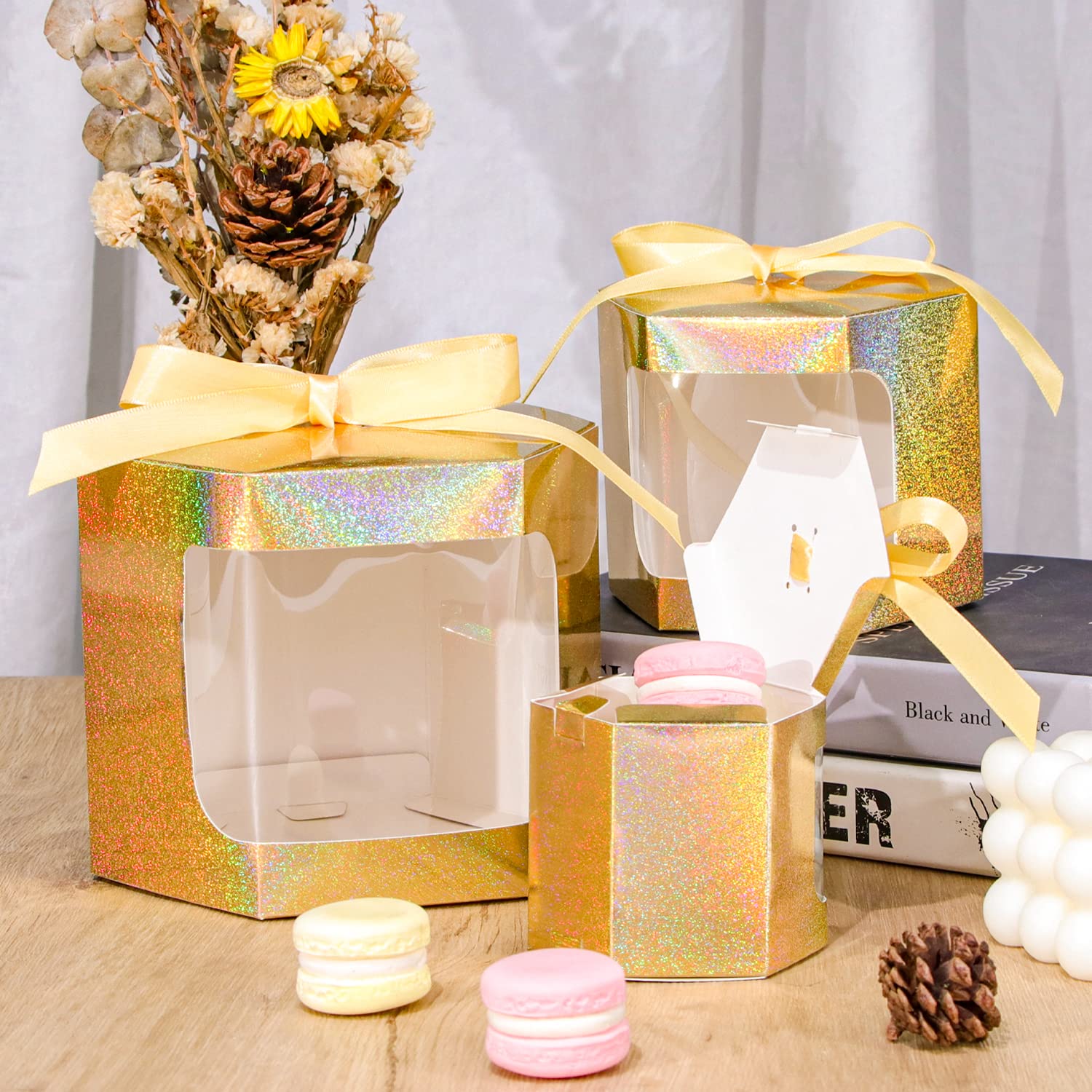 24 Sechseckige Geschenkboxen Mit Sichtfenster – Mit Schleife, Für Bonbons, Kuchen & Party