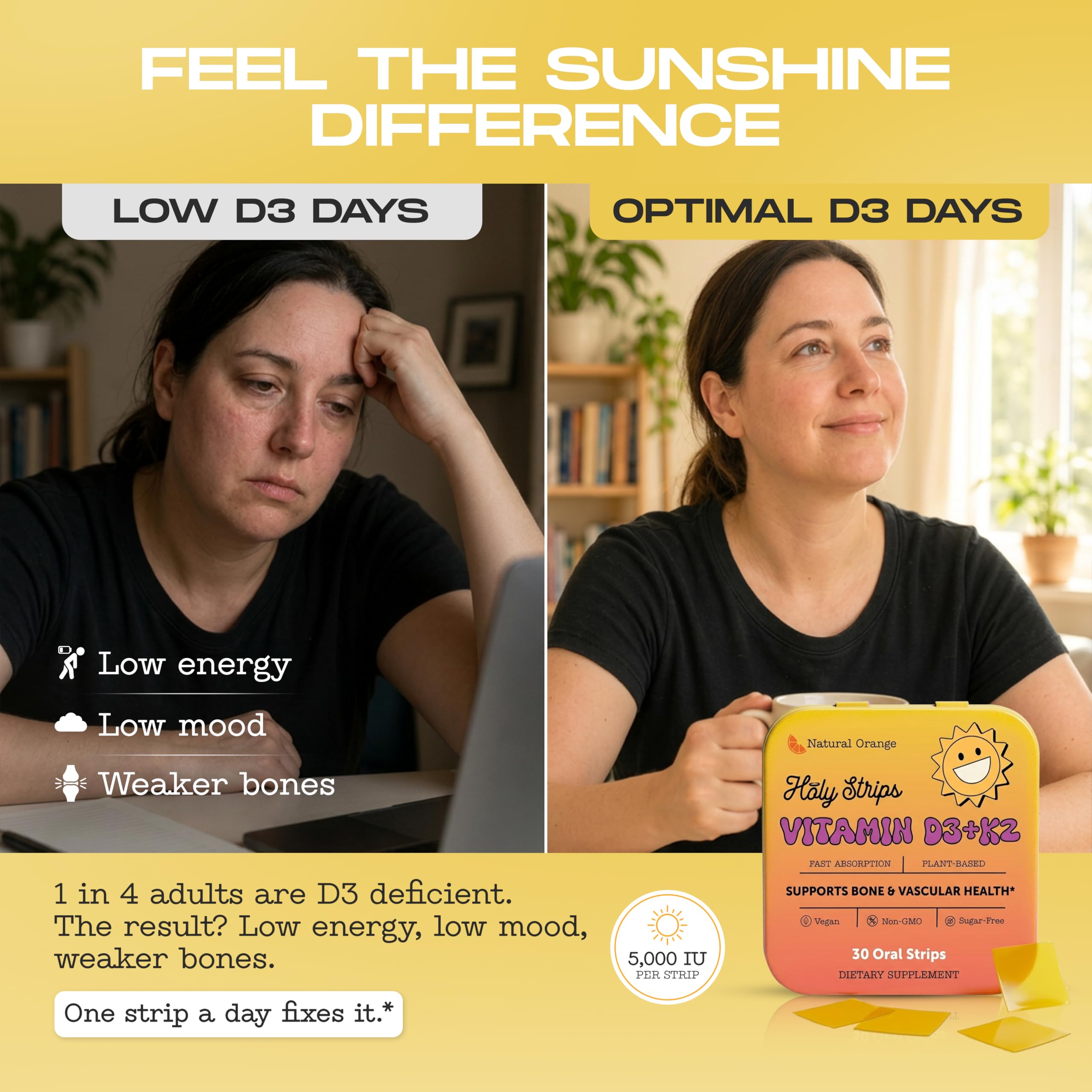 Vitamin D3 K2 Supplement 5000 IU - Fast-Absorbing Oral Strips for Bone & Heart Health - Vitamin D K2 Plant-Based Formula - D3K2 - High-Potency Vitamina D3 con K2- Non GMO - Sugar-Free (30 Count) — Amazon image 2