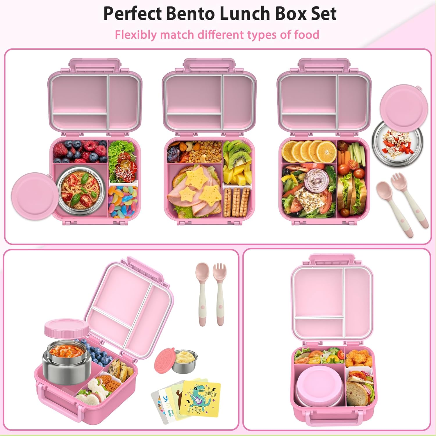 Kids Bento Lunch Box with 9oz Soup Thermo Leakproof Lunch Food Containers 4 Compartment with Insulated Hot Food Jar for Kid Toddler Girls Boys to School, Trvael - Image 6