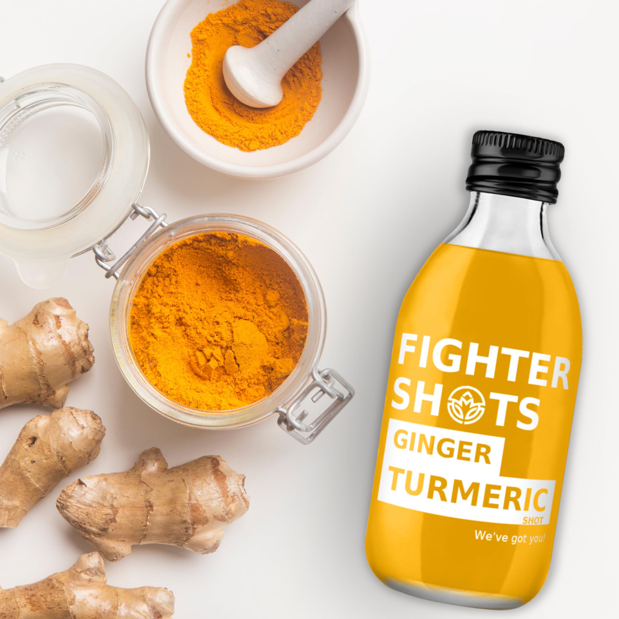 Fighter Shots Turmeric Dosing Bottles (6x250ml/24+ Shots) | Fresh Ginger Root & 8g of Organic Turmeric Root in every serving for Immune Support | Boosts Energy