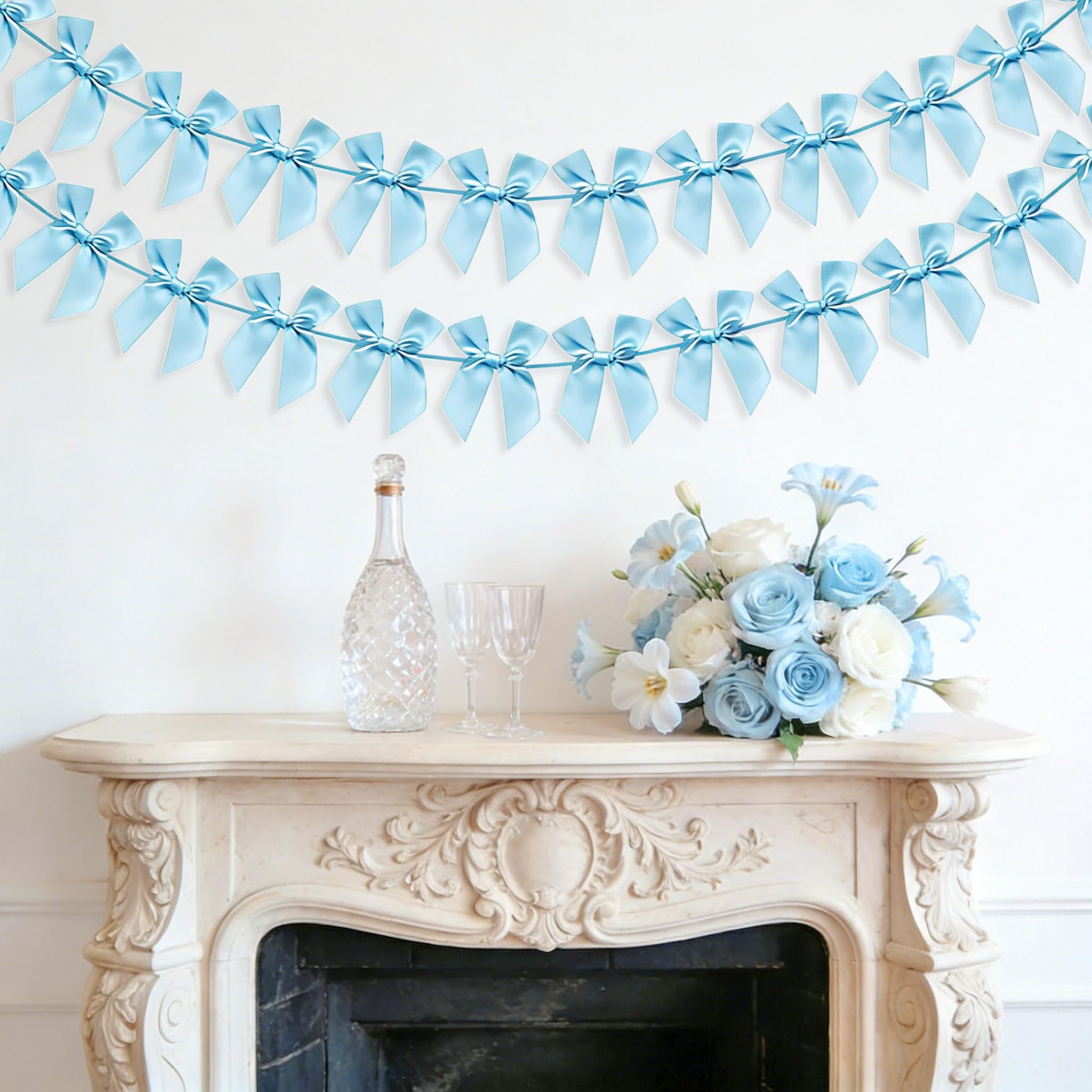 2 PCS Blue Bow Garland Banner Coquette Ribbon Party Decorations for Birthday Bridal Shower Wedding Engagement Baby Shower Supplies