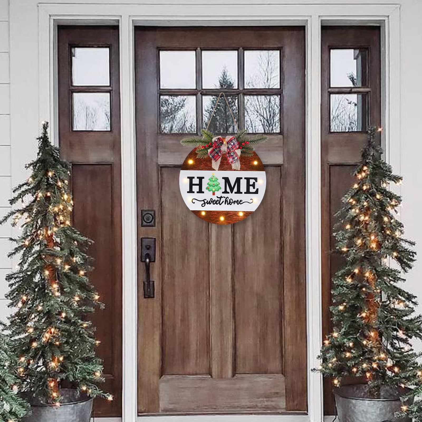 HOMCDALY Letrero de bienvenida intercambiable para puerta delantera con 4 coronas de temporada, coronas de puerta para puerta delantera con 12 luces LED, letrero de pared rústico de bienvenida para