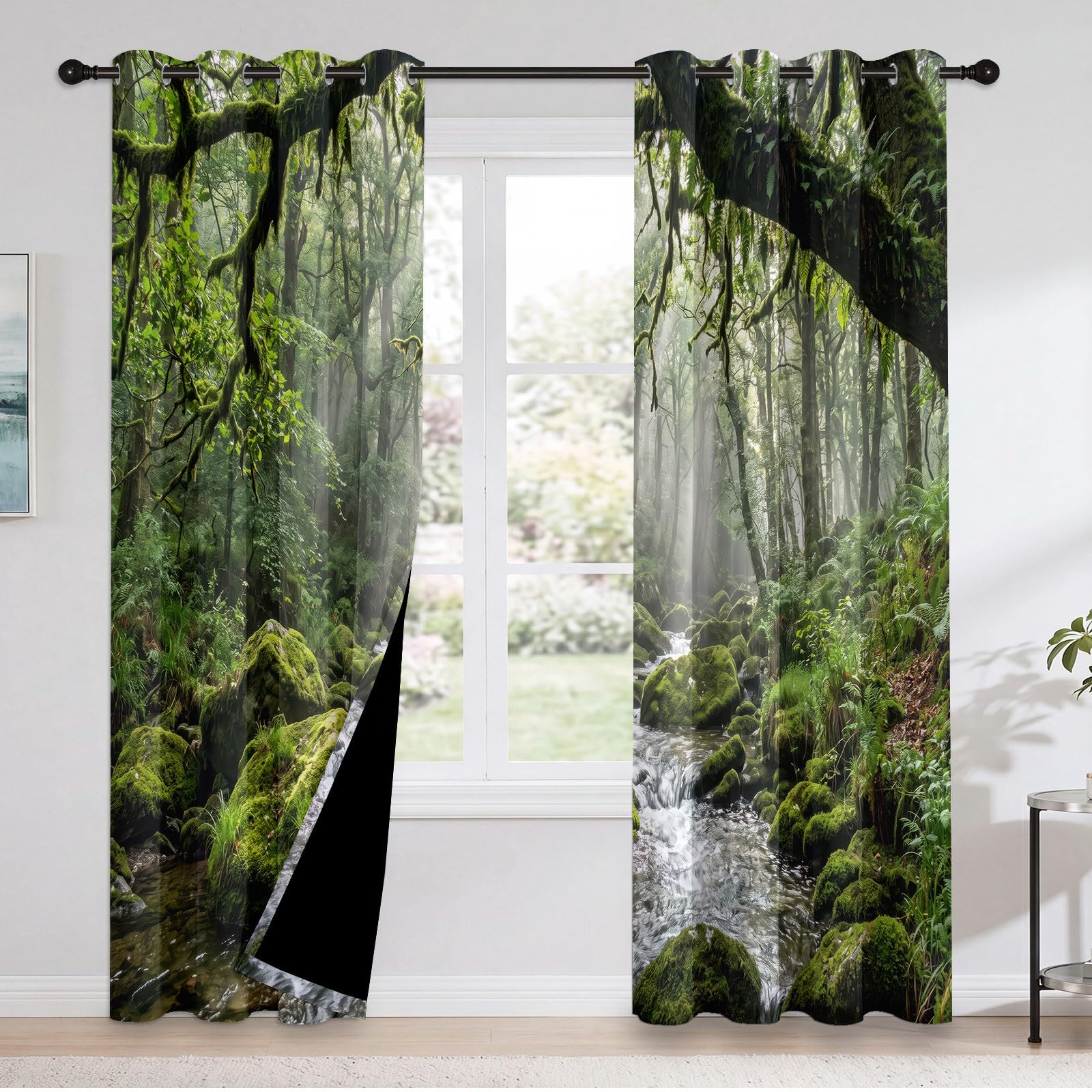 Generisch Naturlandschaft Verdunkelungsvorhänge, H200 x B70 cm Wald Bäume Bach Felsen Moos Vorhänge mit Ösen 2er Set für Schlafzimmer, Grün Raumverdunkelung Fenstervorhänge für Wohnzimmer