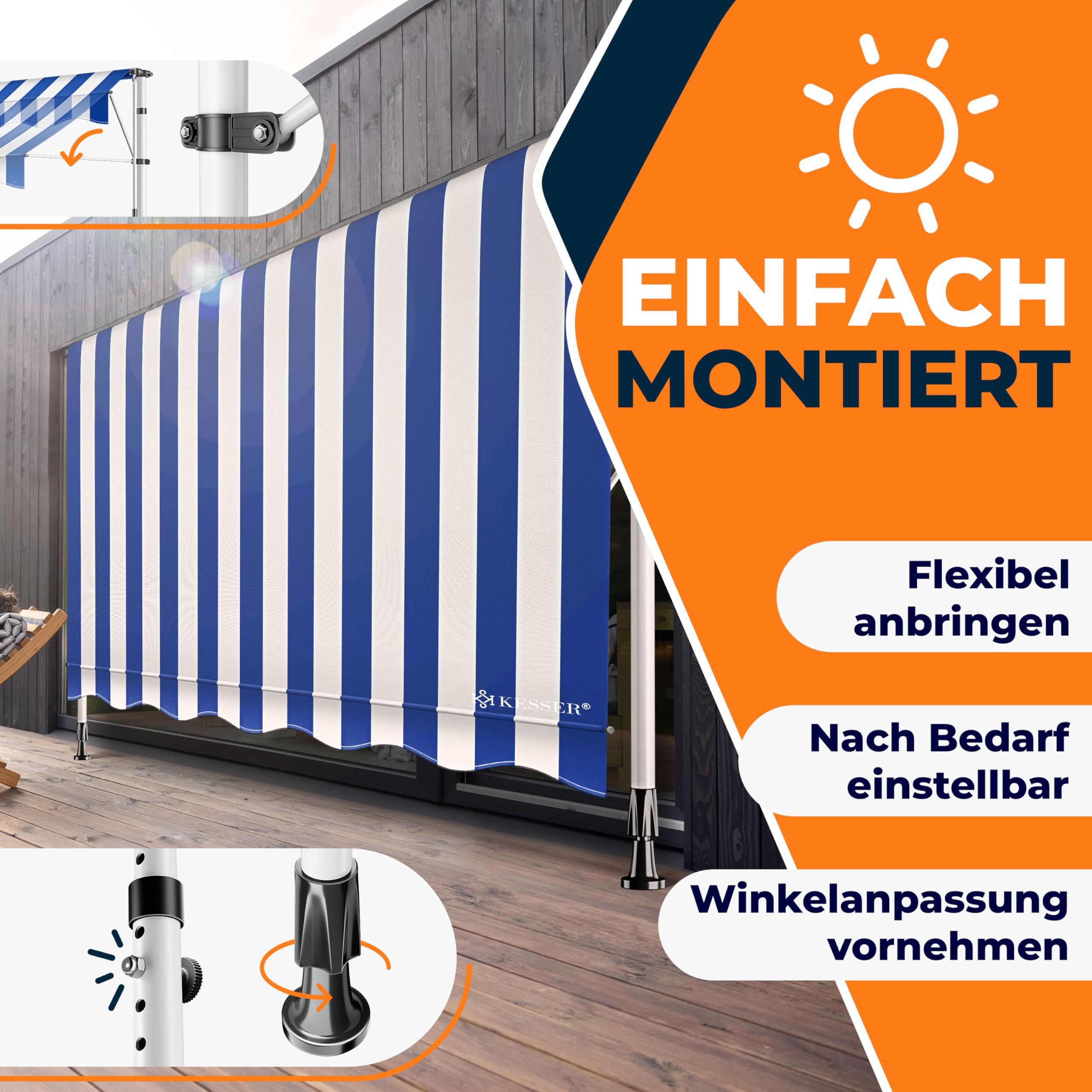 KESSER® Toldo para balcón con manivela, toldo para Balcones, Resistente a los Rayos UV, Regulable en Altura, Repelente al Agua, protección Solar, Cubierta para Patios, Azul-Blanco 150cm