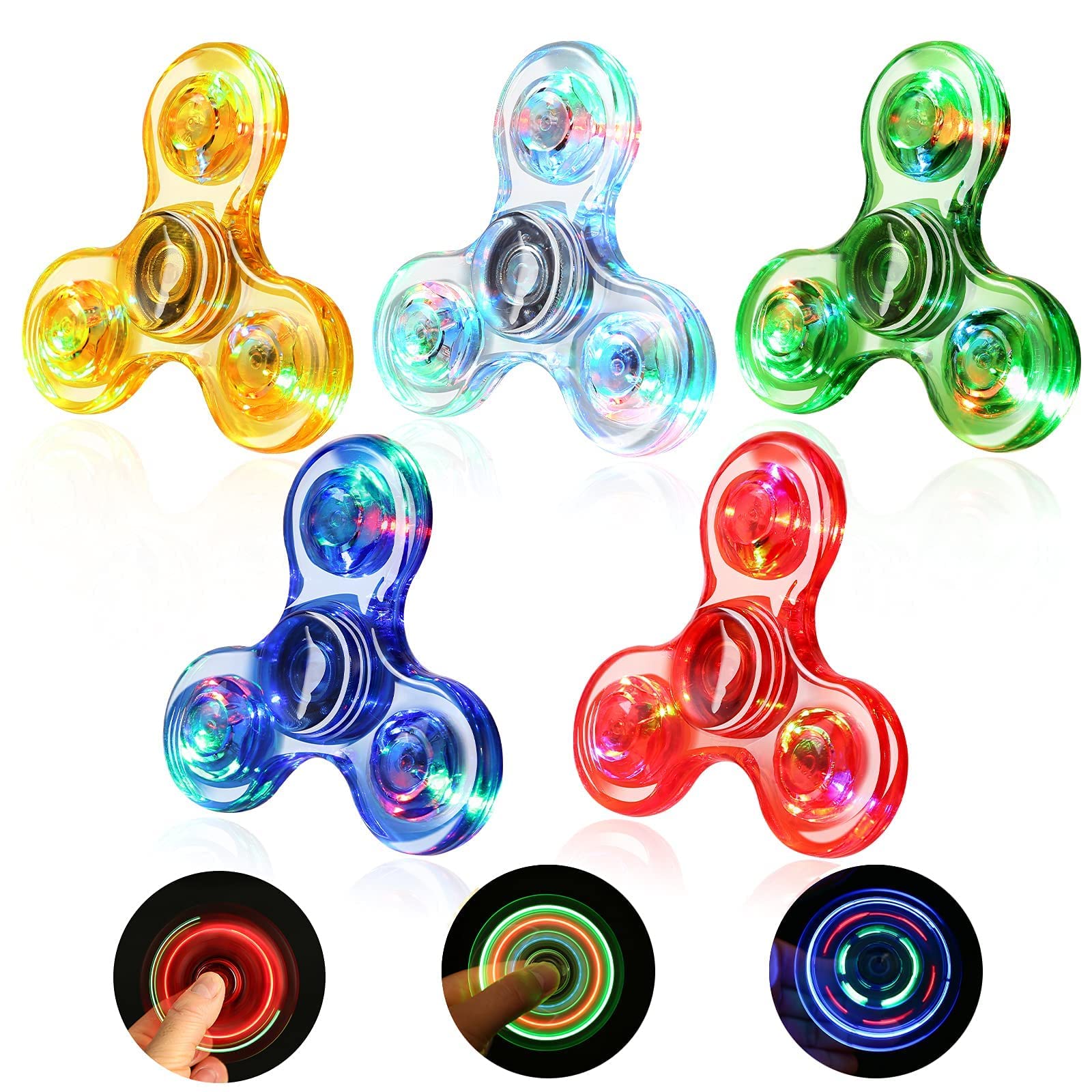 SCIONE Pack de 5 Fidget Spinners Lumineux LED - Jouet Sensoriel Antistress pour Enfants & Adultes (TDAH/Anxiété) - Hand Spinner à Effets Cristal - Cadeau Noël, Anniversaire, École, Fête (Multicolore)