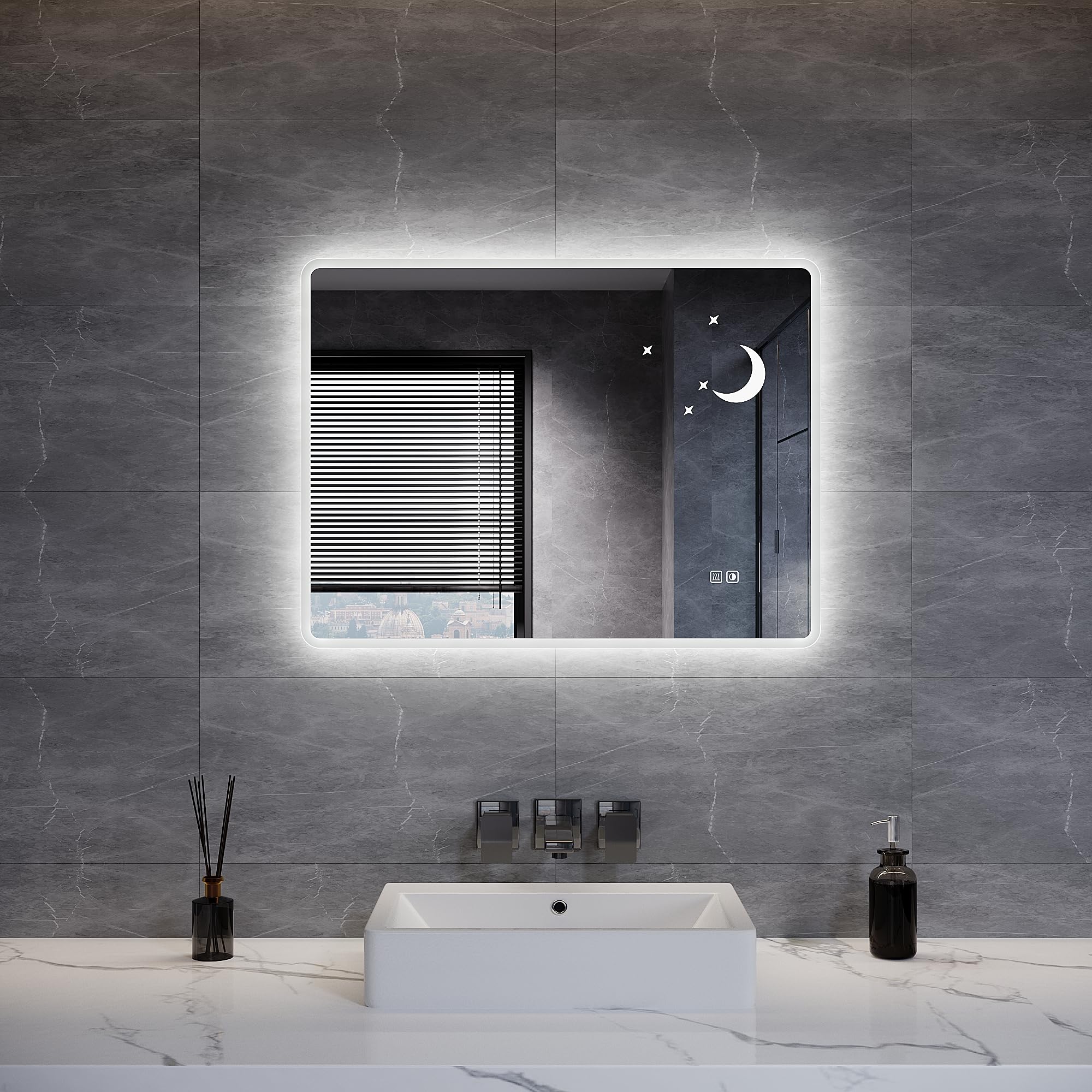 ELEGANT Bathroom Mirror with LED Lights, 80x60cm Backlit Bathroom Mirror Star & Moon with Shaver Socket, 3 Color Dimmable Lights, Anti-Fog, Touch Sensor & Memory Function, IP44 Waterproof