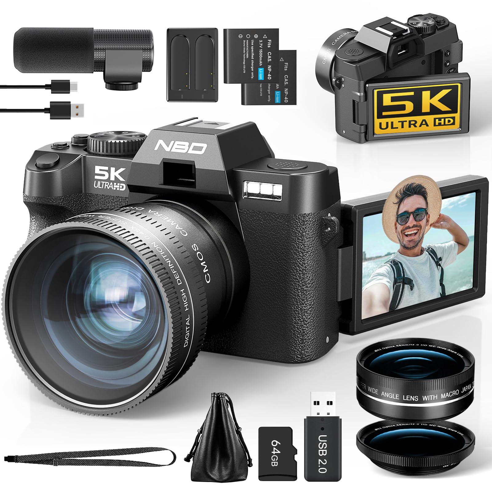 NBD 5K 64MP Appareil Photo numérique avec autofocus, Zoom numérique 16x, Écran IPS 3" 180°, WiFi + Lentille Grand Angle/Macro + Micro Externe + Carte 64GB + 2 Batteries (Noir)