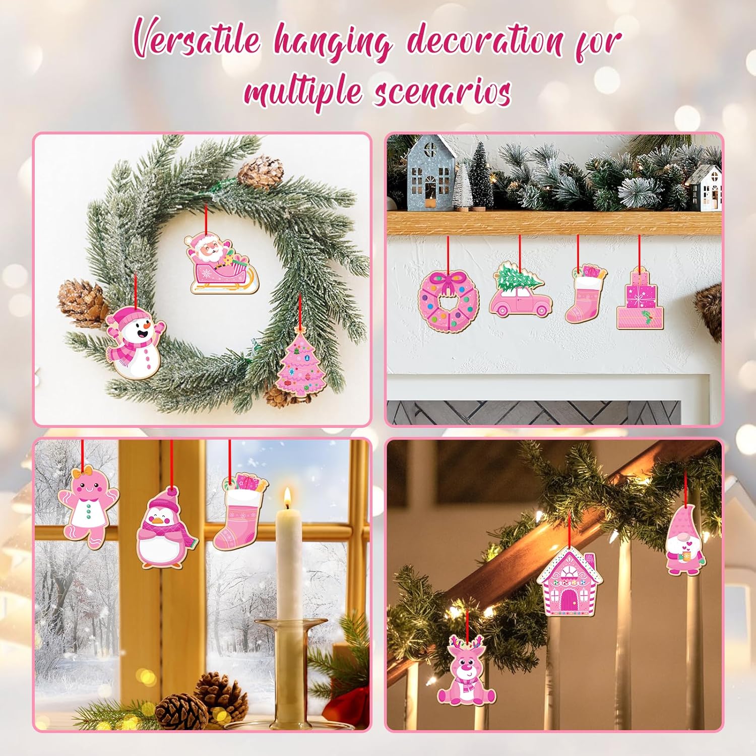 WhatSign Wooden Vintage Christmas Ornaments - 12Pcs Pink Rustic Ornaments Set for Christmas Tree Festival Hanging Decorations Gifts - Image 6