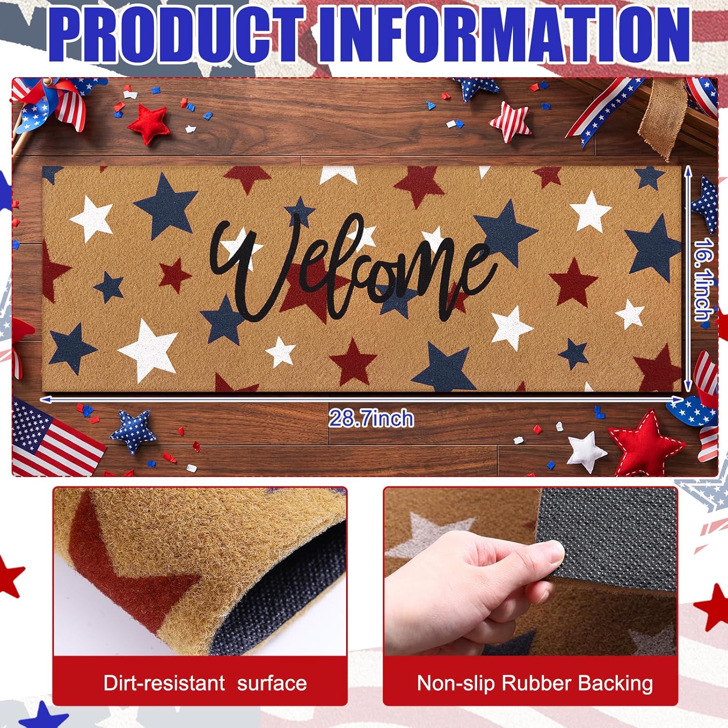 Breling 1 Pcs Large Patriotic Coir Doormat, 16 x 48 inches 250 Anniversary Front Door Rug with Blue Red White Stars, Entryway Mat for 4th of July Memorial Day Outdoor Porch Decor