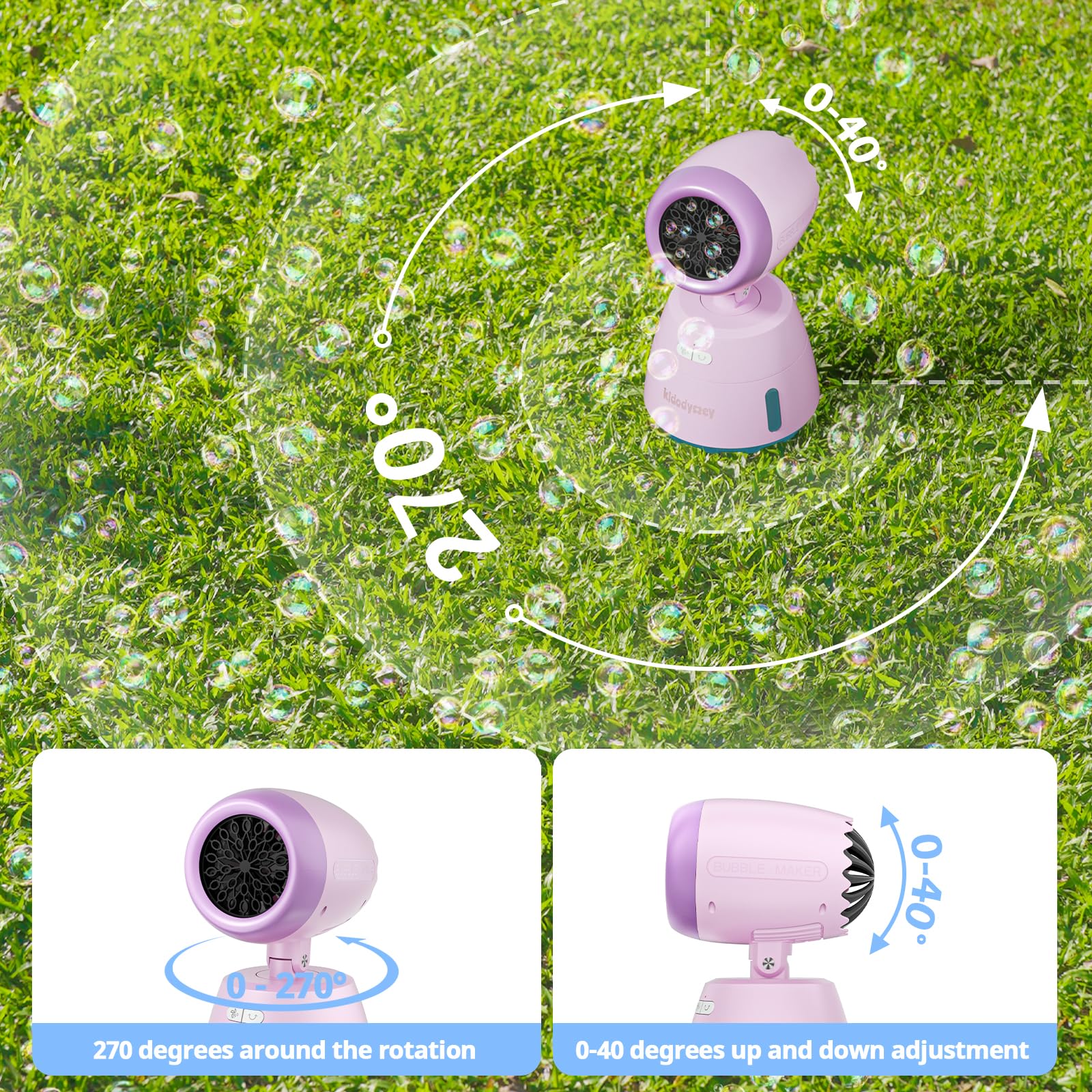Kid Odyssey Automatische Seifenblasenmaschine, Bubble Machine 40°/270°drehbar, 1000ML wiederaufladbare Blasenmaschine mit 20000+ Blasen, Bubble Maker für Outdoor/Party/Hochzeit, Violett
