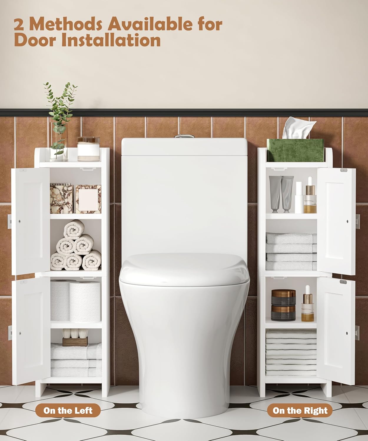 Small Bathroom Cabinet with 2 Doors, 7.9''D x 7.9''W Narrow Toilet Paper Storage Cabinet, Bathroom Organizer for Small Spaces, Slim Corner Unit with Adjustable Shelf, White