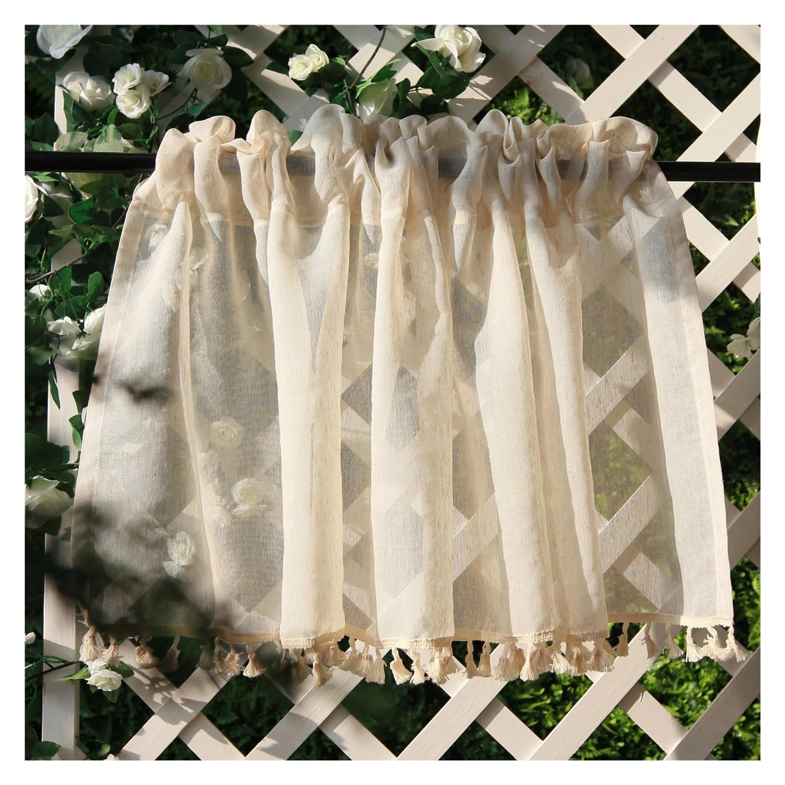 MKYYIOED Short Curtains Vintage Linen Window Drapes Tassels Sheer Cream Beige Tier Curtains Cafe Kitchen Net Short Panels Rod Pocket Valance(1 Panel,100X100CM)