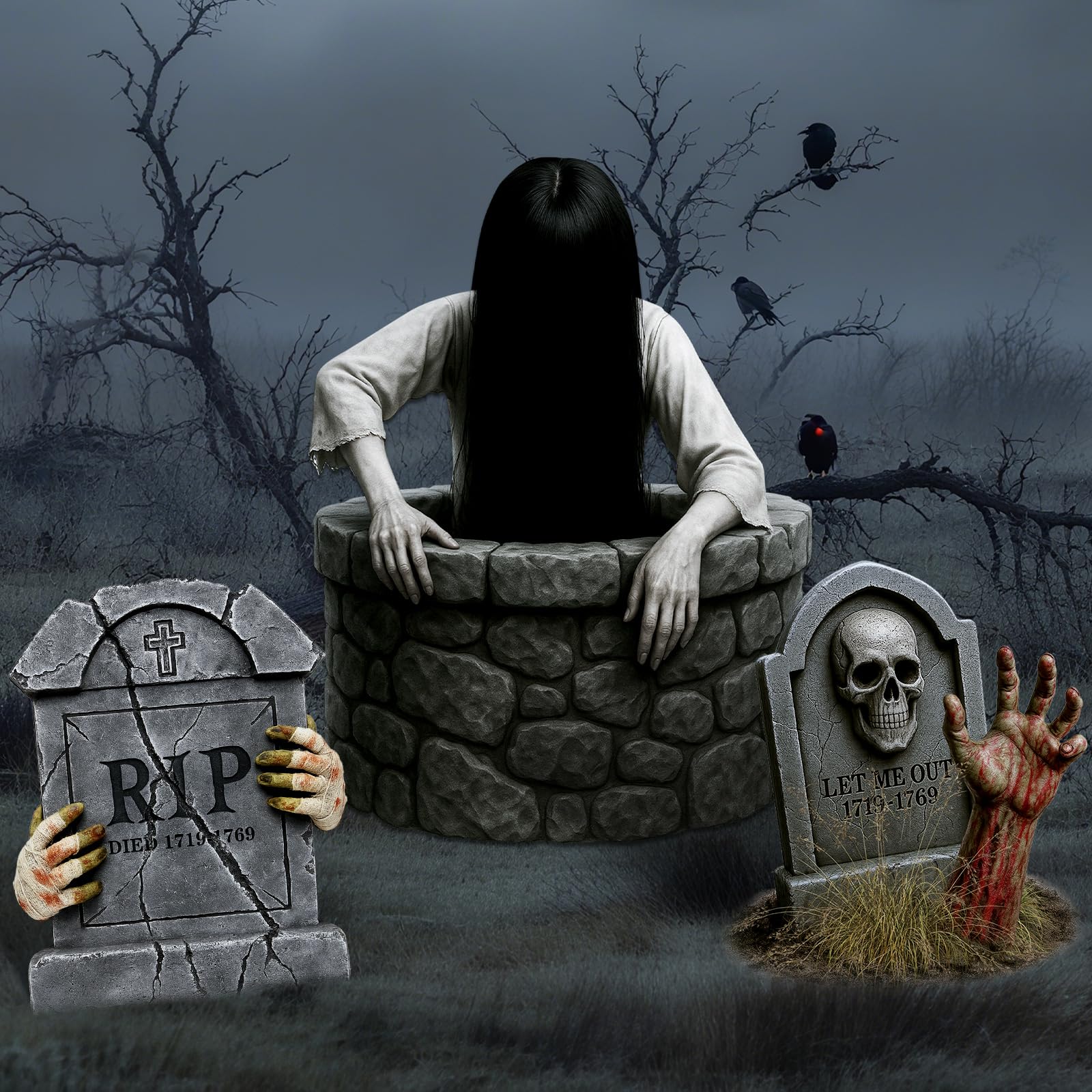 Roowest 3 Pcs Large Halloween Decorations Outdoor Yard Sign, 27 Inch Sadako Yard Signs with Stakes Halloween Rip Tombstone Lawn Decor for Graves Haunted House Holiday Party Props Supplies