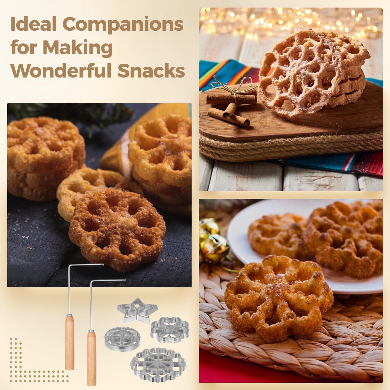 6-teiliges Rosetteneisen-Set, inklusive 4 Waffelformen und Holzgriffen, DIY-Kuchenformen-Set für die Küche
