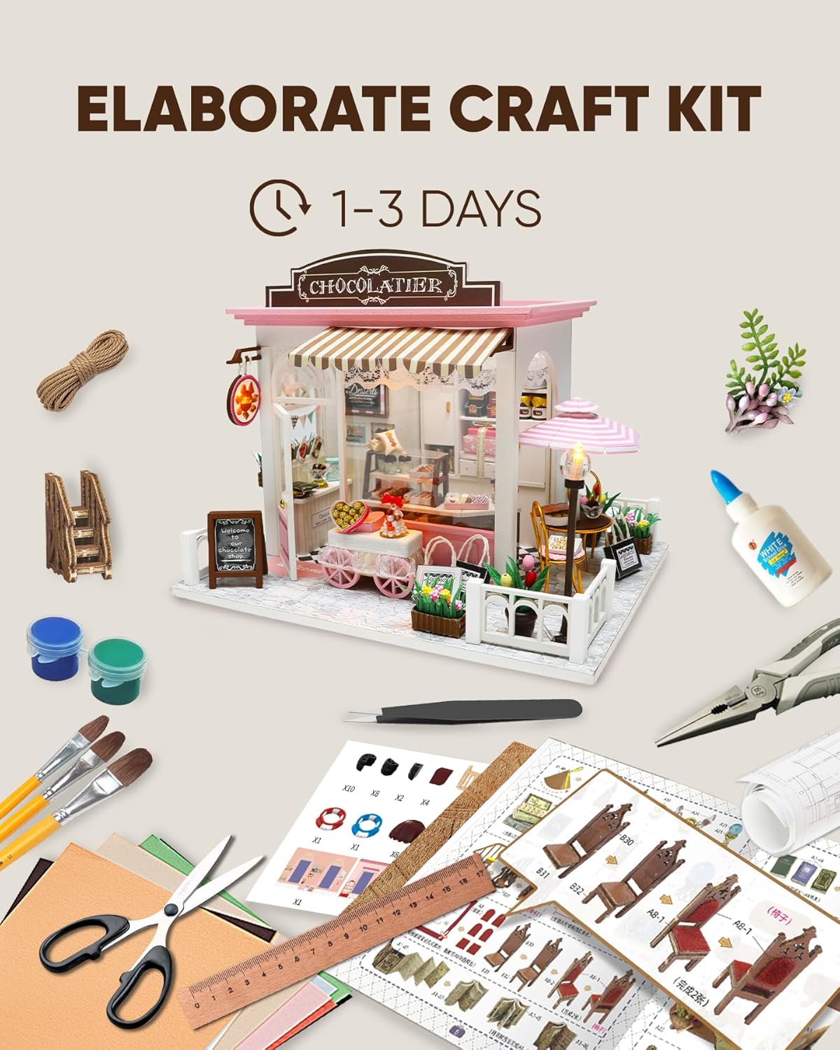 Miniature House Kit, Miniature Dollhouse for Beginners, DIY Dollhouse Kit for Adults to Build, Model Building Craft Diorama Kit, Ideal Gifts for Birthday Christmas Valentine(Chocolate Shop)