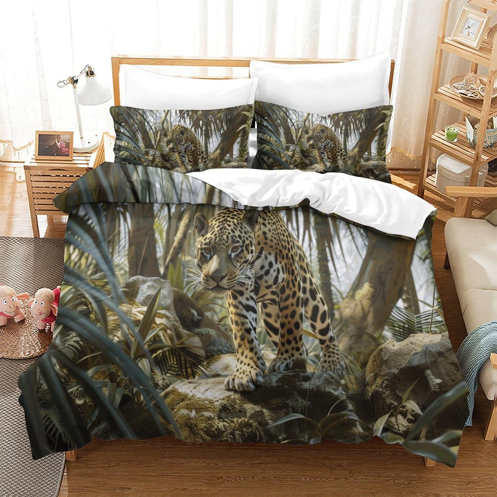 P1s9u7w5y Jaguar-9 3D Printed Rainforest Leopard Duvet Cover Set 3Pcs Microfiber Jungle Bedding Set King（220X240cm）