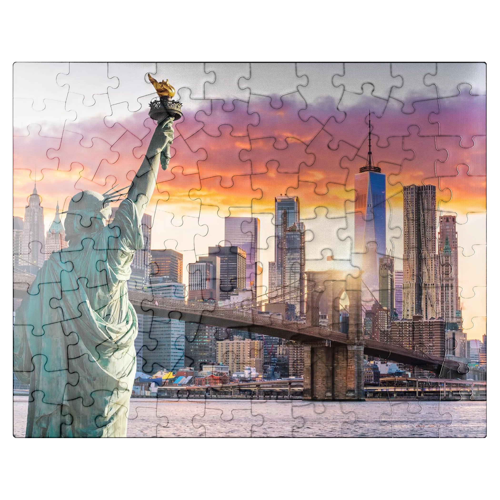 MyPuzzle Statue of Liberty and New York City Skyline at Sunset USA - Premium 100 Piece Jigsaw Puzzle for Adults