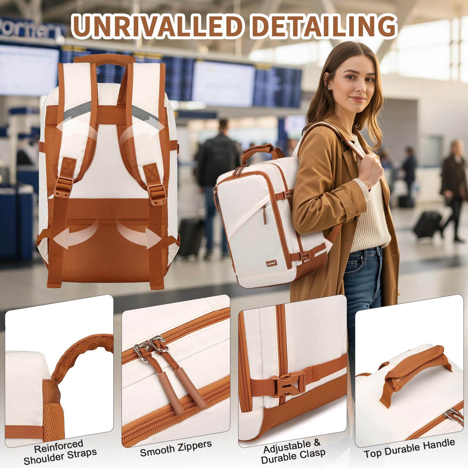 Kono Ryanair Cabin Bags 40x30x20 40x20x25 Underseat Bags Travel Backpack Cabin Size Carry-ons Hand Luggage Bag Waterproof Ryanair Underseat Backpack for Man&Woman Beige — view 3