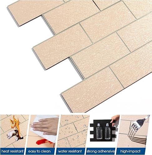 Miniatura 3 de Azulejos de metro de superficie dura gruesa de 20 hojas para despegar y pegar, 12 x 12 pulgadas, color beige con purpurina para salpicaduras para