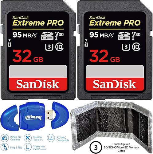 Dual SanDisk Extreme PRO - Tarjetas de memoria SDHC UHS-I de 32 GB (2 tarjetas) con lector de tarjetas de memoria de alta velocidad y cartera para
