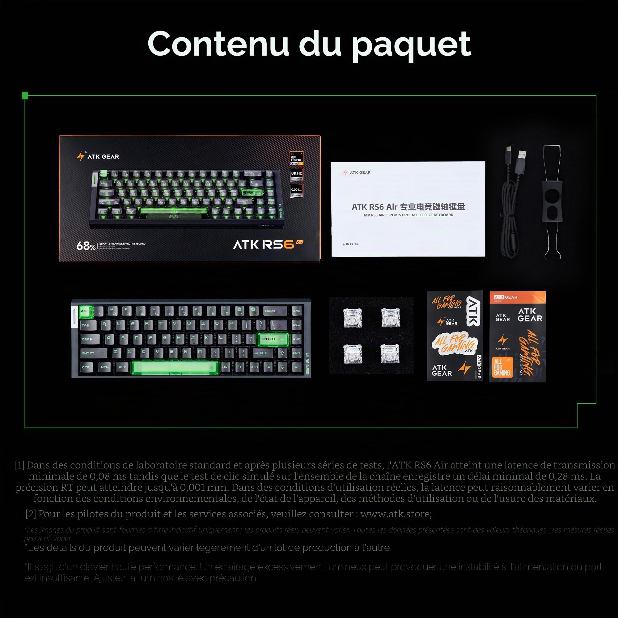 ATK RS6 Air Hall Clavier de jeu effet Hall, polling 8K, balayage 256K, latence de 0,08 ms, RT réglable de 0,001 à 3,3 mm, joint rigide 5 couches, plaque d'aluminium, 65 % 68 touches (noir-zen)