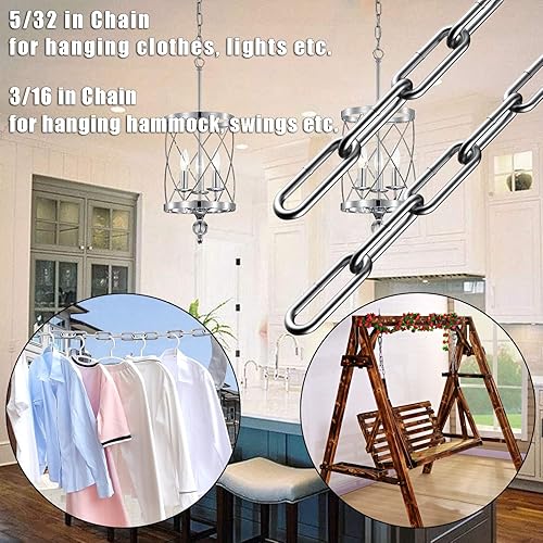 Miniatura 7 de Cadena de acero inoxidable, cadena de eslabones de metal de 13 pies, pequeña cadena ligera de 564 pulgadas, cadena de gato para el hogar, al aire