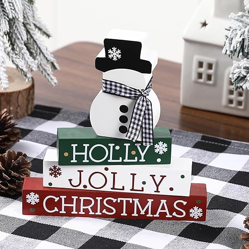 Miniatura 2 de Decoraciones de Navidad, 4 letreros de madera en bloques, clásicos, rojo, blanco, verde, adornos de Navidad para el hogar, estantes, repisas,