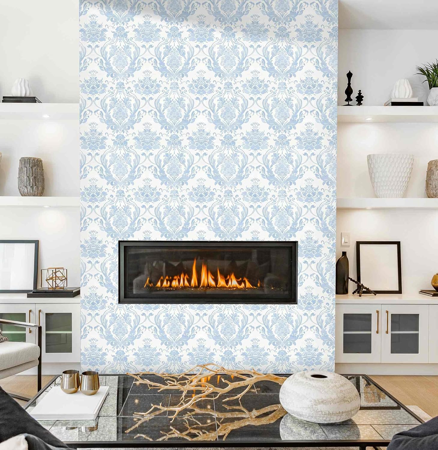 Blue Damask Floral Peel and Stick Wallpaper, Vintage European Classic Pattern Self-Adhesive Vinyl Wallpaper for Home Decor – 17.7" x 118"