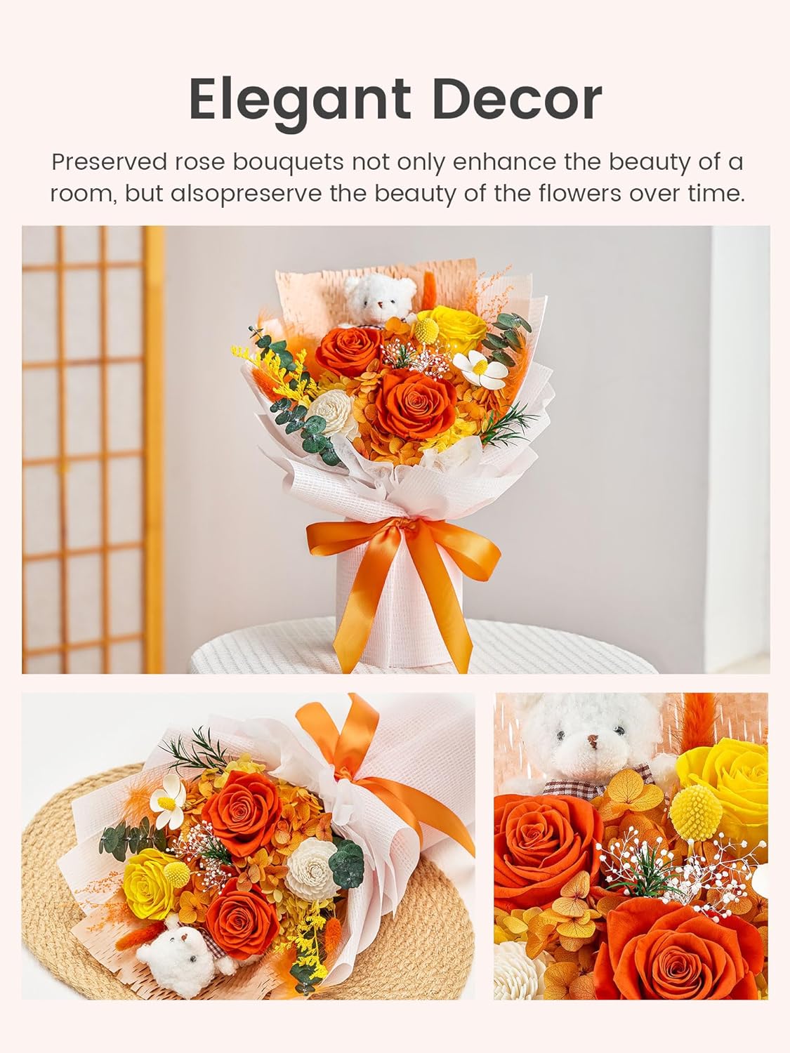 Polylove Forever Flower Bouquet Flowers for Delivery Prime Preserved Roses with Bear Gift Box for Wife Women Mother Day Anniversary Birthday (Orange) - Image 5