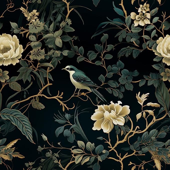 Dark Floral Peel & Stick Wallpaper: Vintage Flowers & Birds