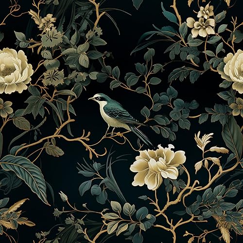 Dark Floral Peel and Stick Wallpaper Vintage Floral Contact Paper 16.9inchx118.1inch Flowers Bird Wallpaper Peel and Stick Boho Leaf Self Adhesive Removable for Bathroom Wall Paper Decor