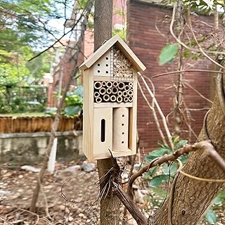 Wooden Insect Hotel for Garden - Bee House & Ladybug House, Pollinator Bug Hotel/Bug House to Attract Beneficial Garden Insects (Natural Wood Color)