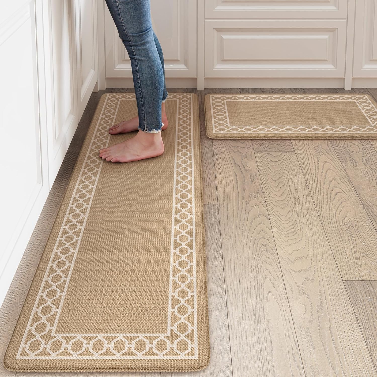 LEEVAN Kitchen Mats for Floor Set of 2,Anti Fatigue Mats for Kitchen Floor,Cushioned Non Slip Boho Standing Mat,Waterproof Memory Foam Comfort Tan Kitchen Floor Mat for Sink,Laundry(17"x29"+17"x47")