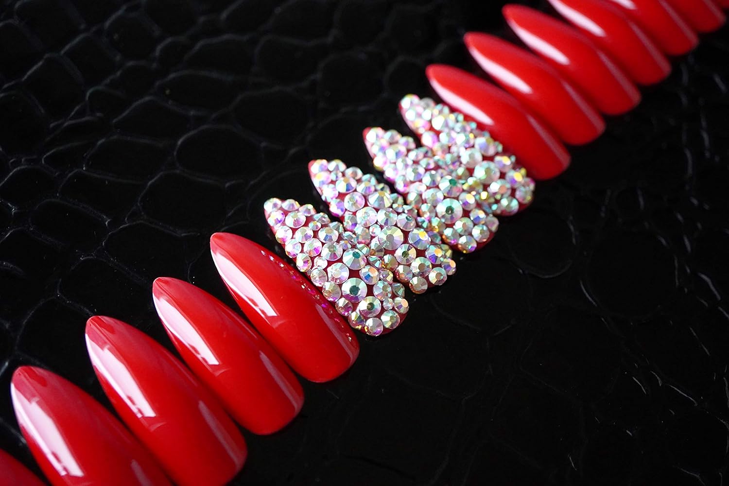 Red 3D Crystal Design Press On Nails - Extra Long Sharp Stiletto Fake Nails with Rhinestones and Nail Glue, Reusable Nail Tips - Glue On Nails 24 Nail Kit, Rouge Glow
