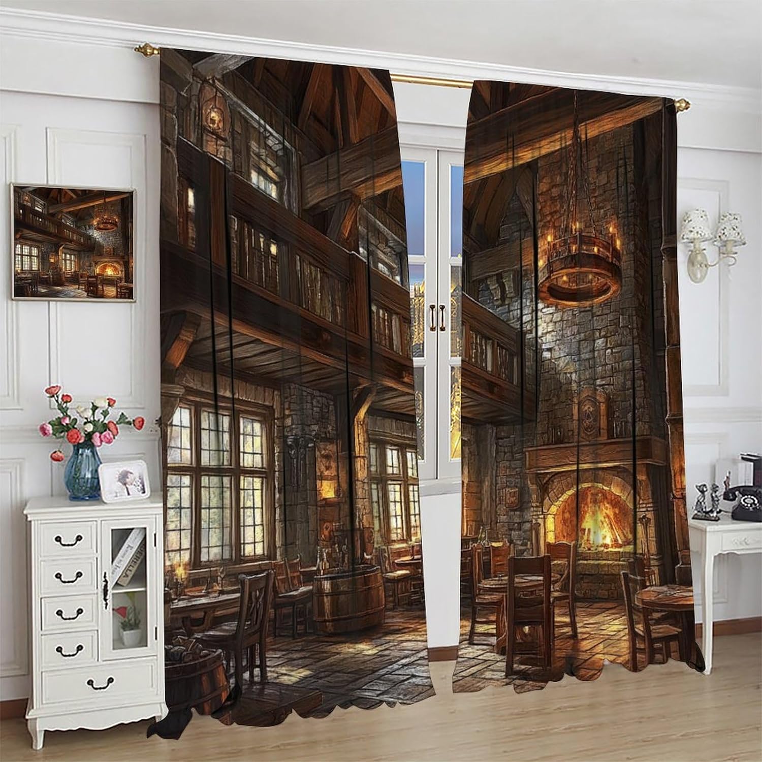 Medieval Rustic Tavern Blackout Curtains for Bedroom, Grommet Drapes Thermal Insulated Room Darkening Stone Fireplace Fantasy Curtains, 21W x 45L, 2 Panels