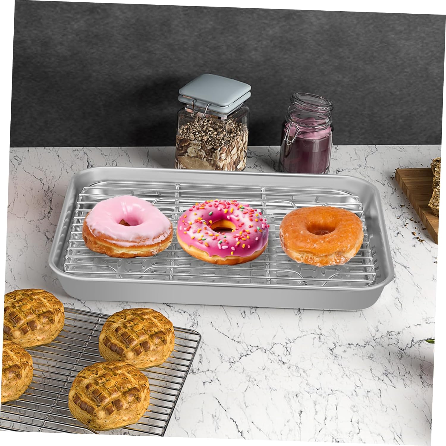 2sets Sturdy Stainless Steel Baking Sheet Rack Sheet Pan Wire Rack for Baking Oven Cooking Trays Non-stick Coating Multi-purpose Pans