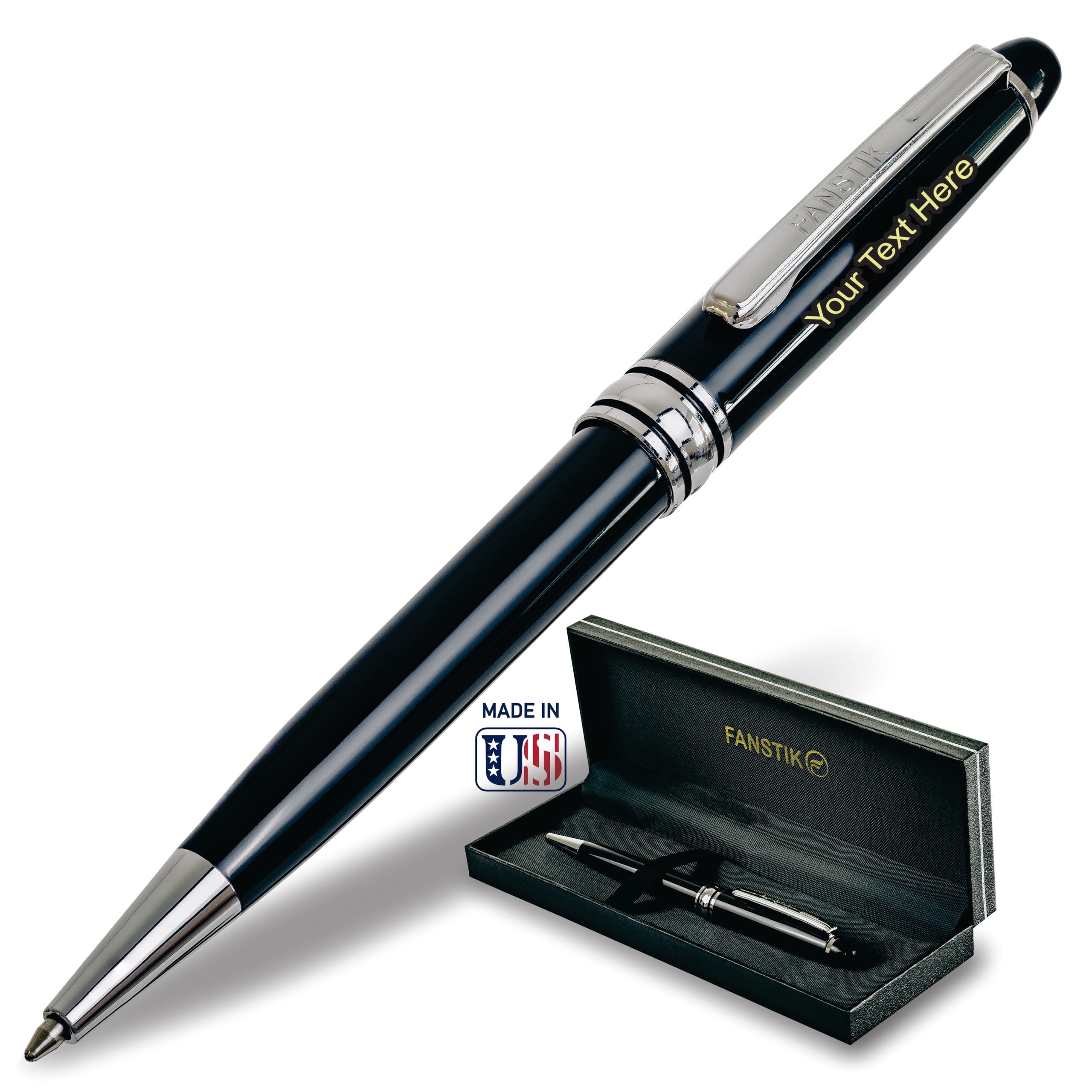 Customized BallPoint pen with name (MADE IN USA), stainless steel, black and silver, luxury engraved pen personalized for men and for women. (BallPoint Black-Silver)