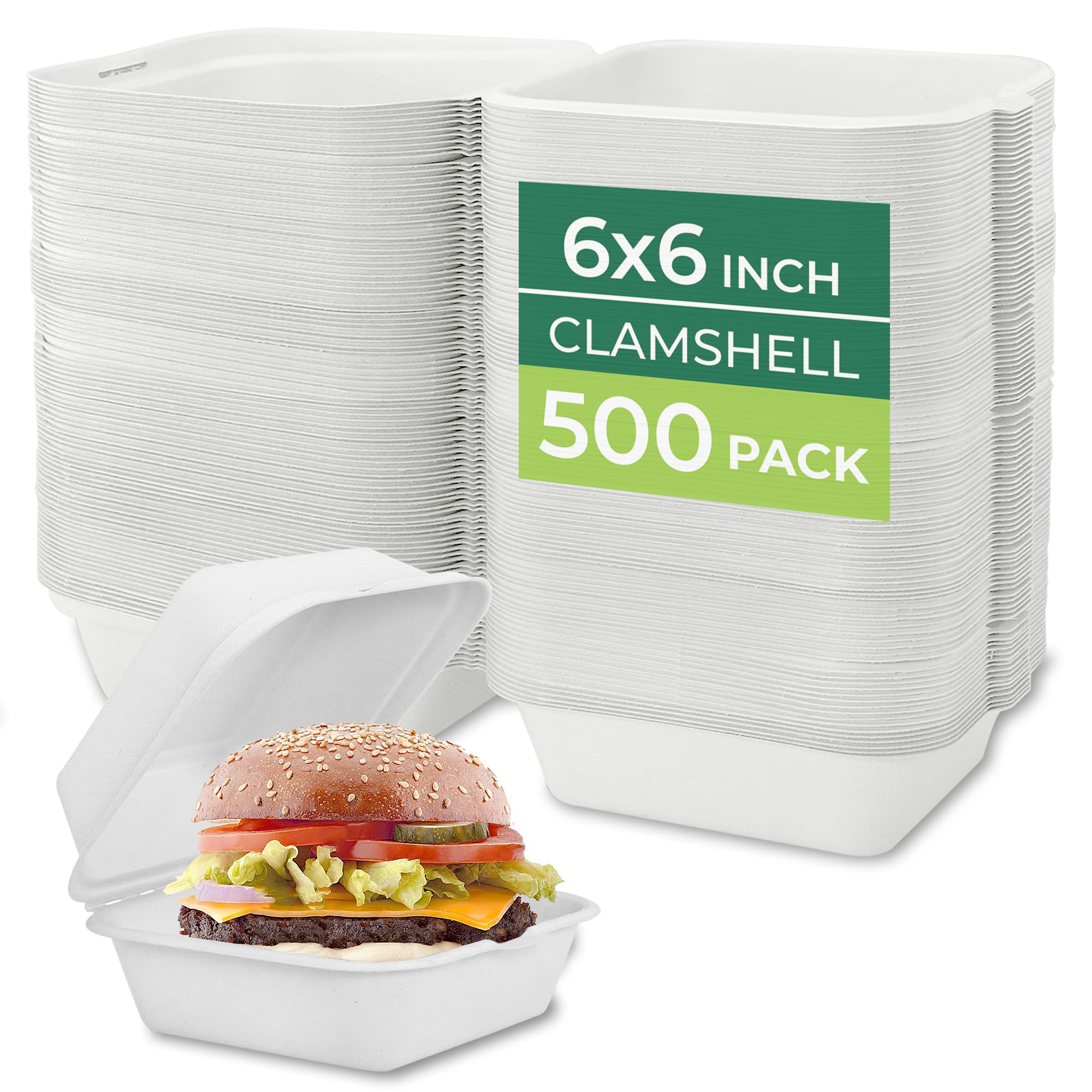 Freshware Clamshell Lebensmittelbehälter mit Deckel [6x6 500-Pack] Einweg-To-Go-Behälter, biologisch abbaubare Zuckerrohr To Go Boxen, Papierbehälter, mikrowellen- und gefriergeeignet, stapelbar