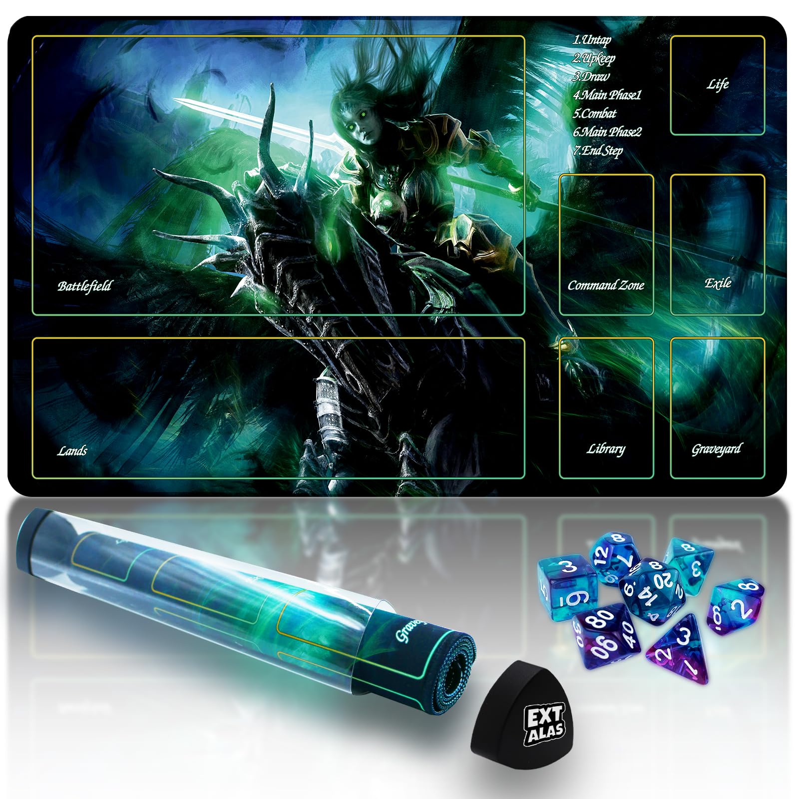 Extalas MTG Playmat with Storage Tube & 7-Dice Set - Waterproof TCG Playmat with Stitched Edges, Non-Slip Rubber Card Game Mat (24"x14") (playmat with Zones, 2-A Hero on a Horse) โ image 1