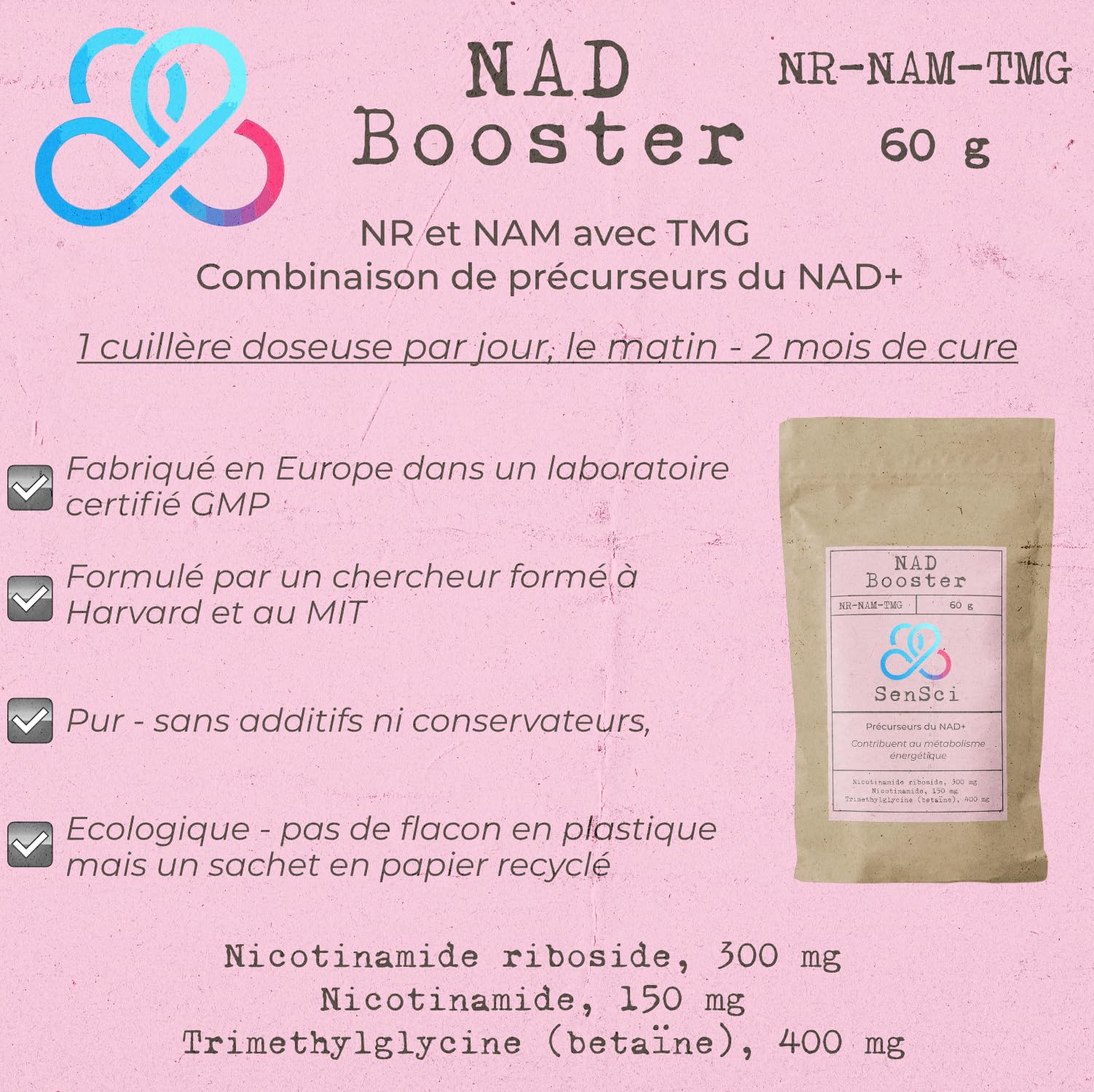 NAD+ Booster 60 jours | Nicotinamide Riboside NR + Nicotinamide + TMG | Énergie cellulaire & vitalité | Formulé par expert scientifique | 60 doses