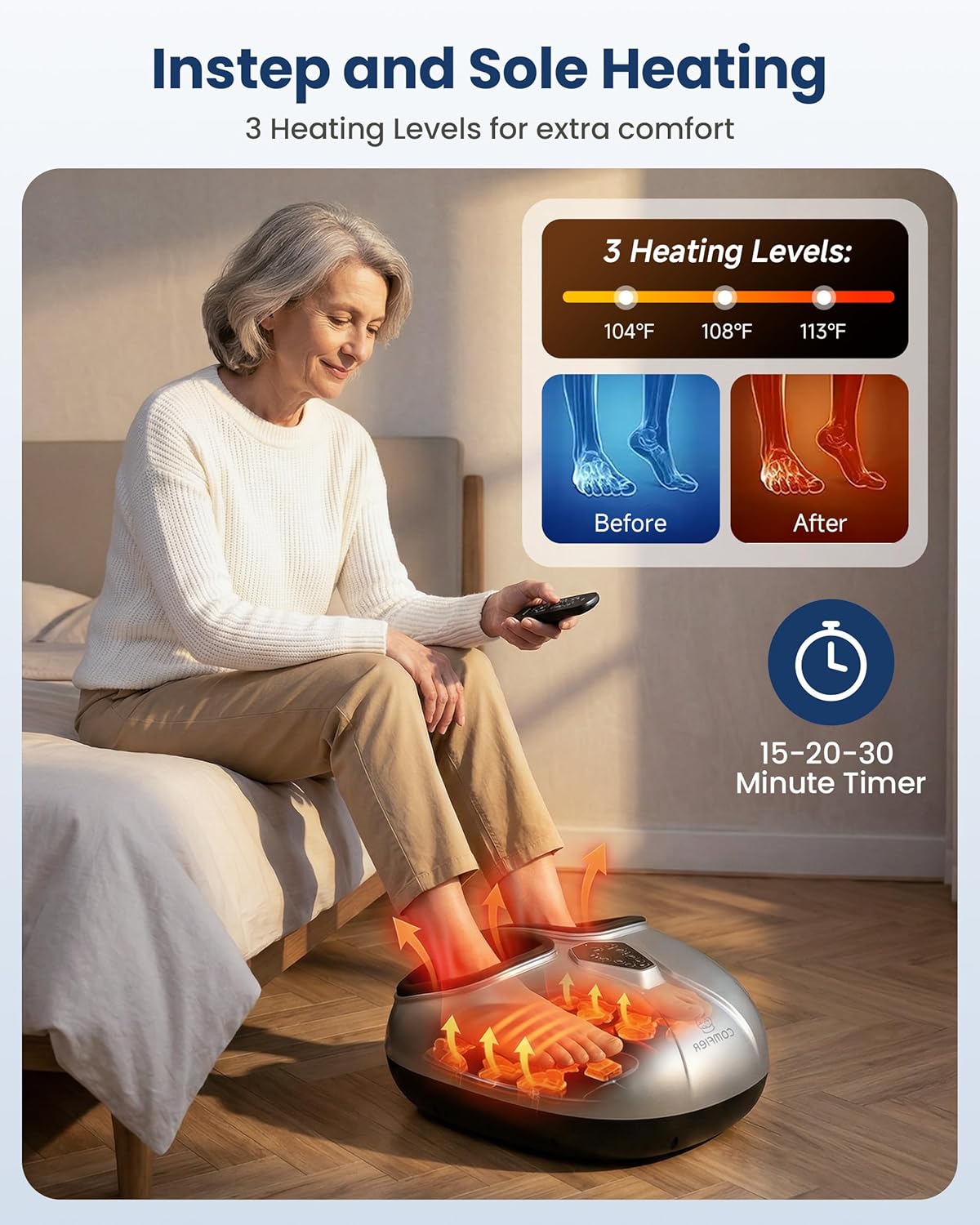 COMFIER Shiatsu Foot Massager with Heat & Deep Kneading & Vibration, 5 Levels Compression Feet Massager Machine for Neuropathy Plantar Fasciitis Neuropathy, Up to Men 14"