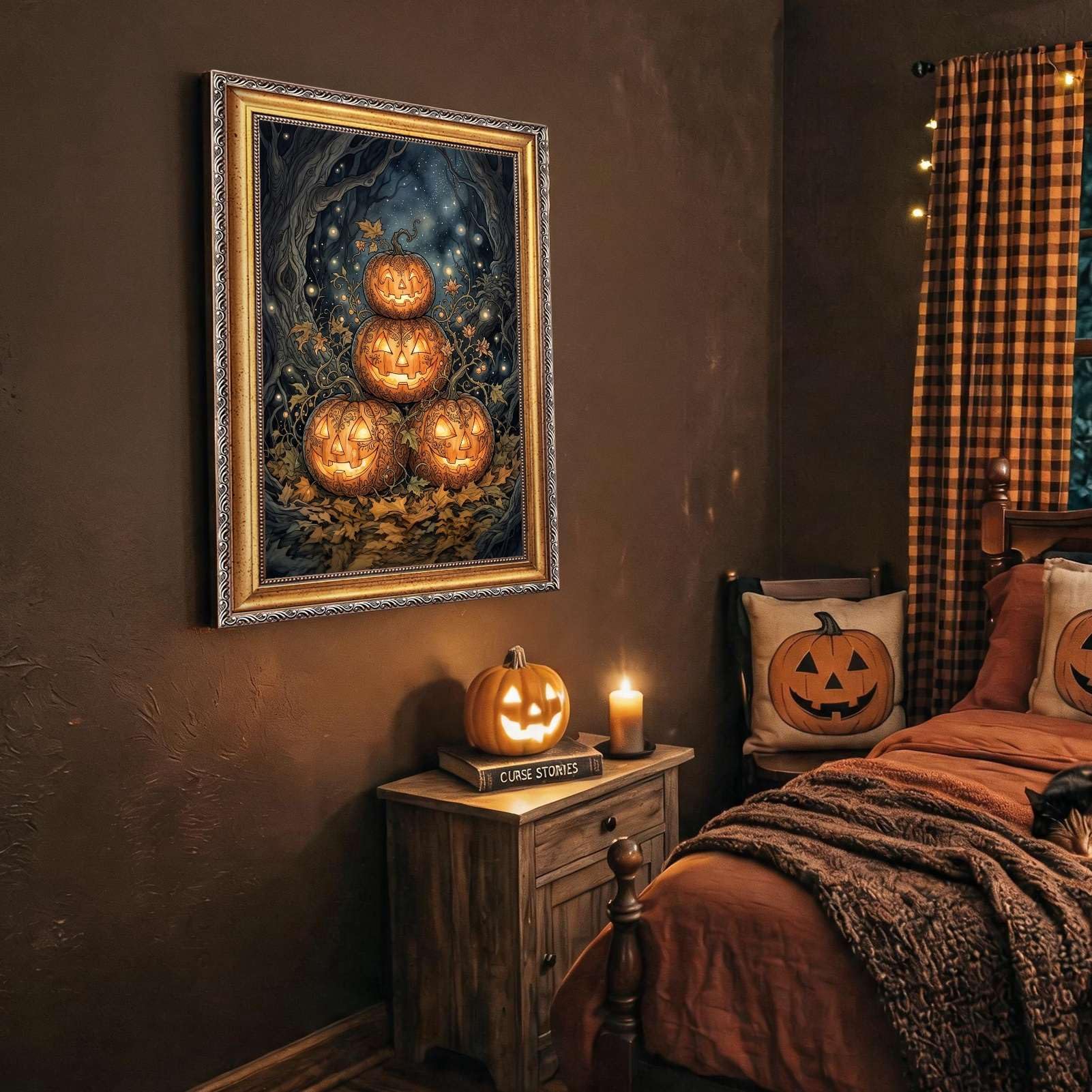 Quadro con stampa su tela raffigurante una zucca intagliata impilata e stra