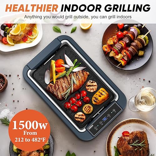 Miniatura 5 de CUSIMAX - Parrilla eléctrica, parrilla y plancha sin humo, parrilla eléctrica coreana con extractor de humo turbo y esponja de filtro reemplazable,