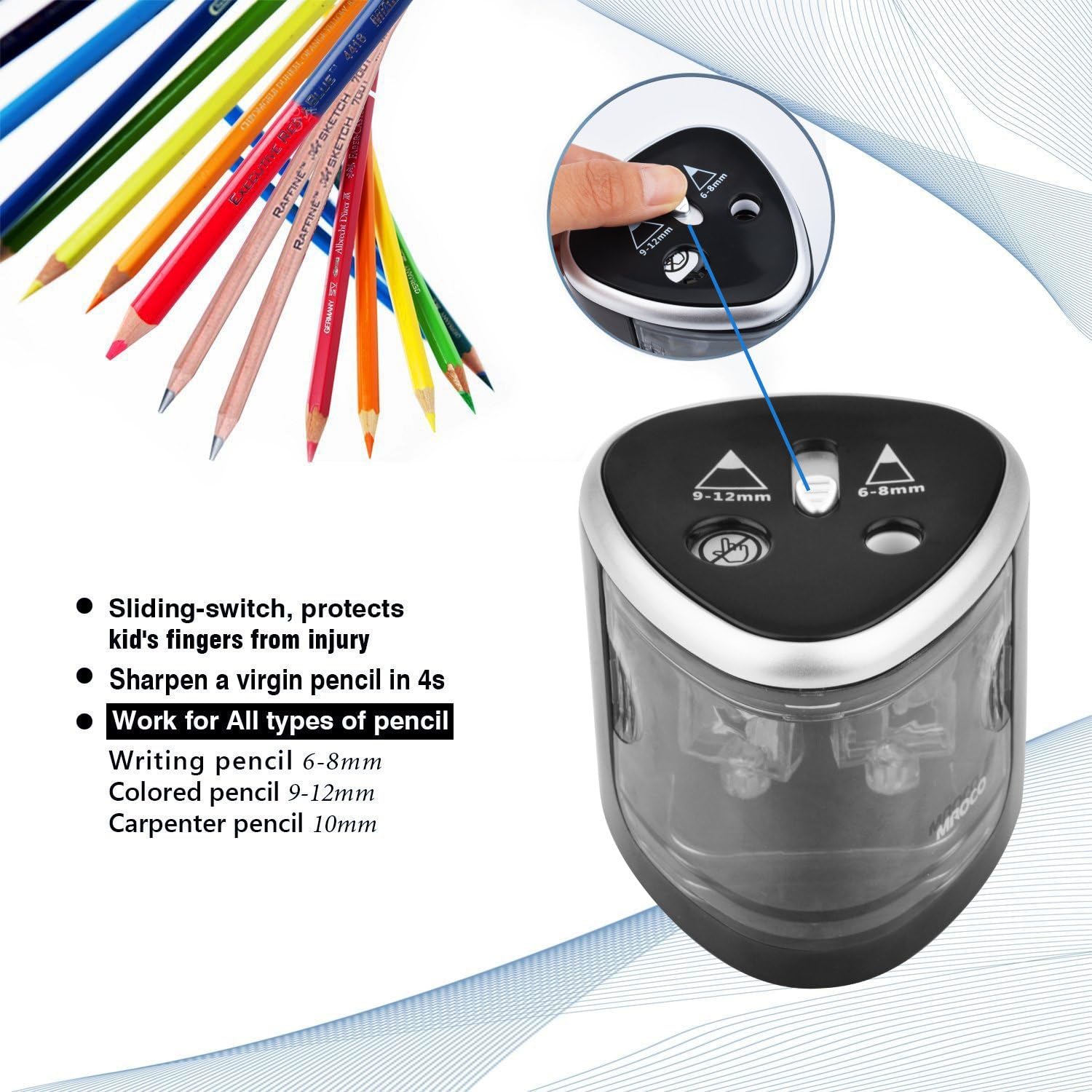 MROCO Pencil Sharpener Battery Operated Electric Pencil Sharpener Colored Pencils Sharpener Automatic Pencil Cutter for Kids, Adults, Artists, or Sharpeners for Pencils, Office Pencil Sharpener,Black