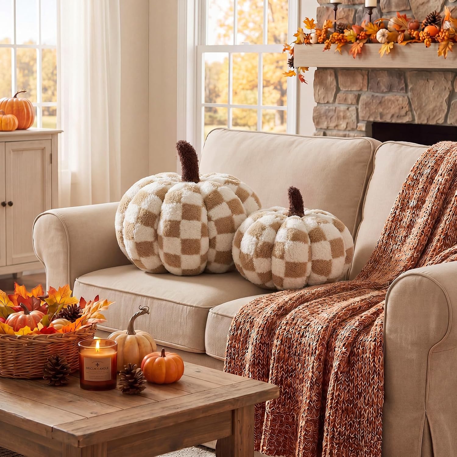 Leinuosen 2 Pcs Fall Pumpkin Pillows Brown White Checkerboard 3D Pumpkin Shaped Throw Pillows Plush Fleece Cozy Fall Decor for Home Bedroom Sofa Couch Living Room Thanksgiving Halloween Decor