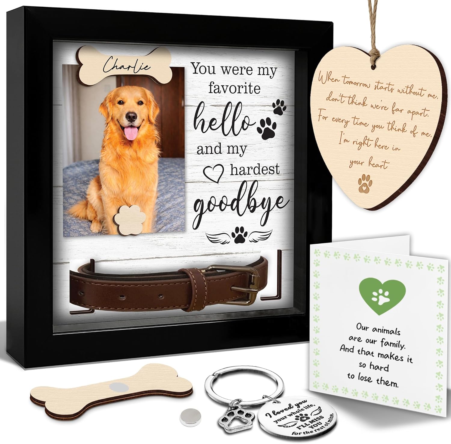 2-Sided Pet Memorial Frame with Collar Holder, Pet Memorial Ornament, Dog Cat Sympathy Card, Loss of Dog Paw Print Keychain, Remembrance Gift for Cat Lovers, Favorite Hello Hardest Goodbye PF225