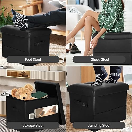 Miniatura 3 de Taburete otomano de almacenamiento con asiento acolchado de espuma más gruesa. Taburete plegable de cuero. Otomana pequeña con almacenamiento para