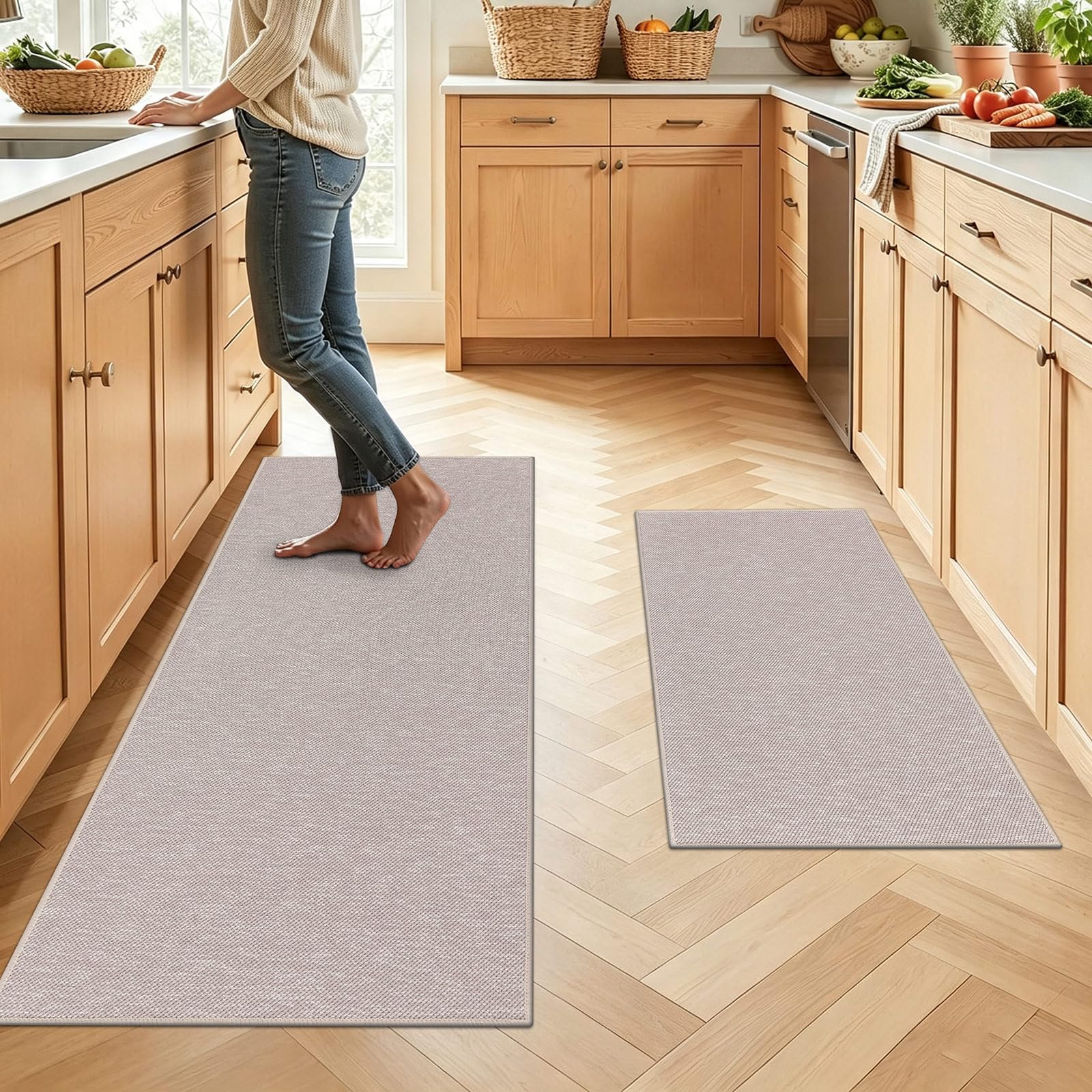 SHACOS Kitchen Rug Non Slip, Washable Kitchen Mat Beige Grey 60x90+60x150cm